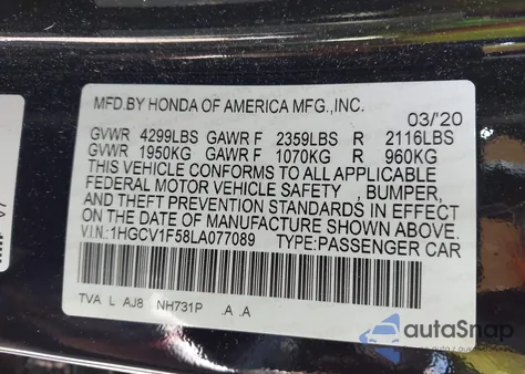 2020 Honda Accord Ex-L z USA, uszkodzony, nr VIN 1HGCV1F58LA077089